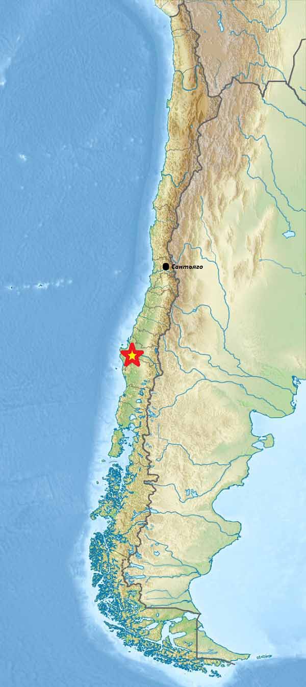 Схема расположения эпицентра (показан звёздочкой) Чилийского землетрясения 1960 года