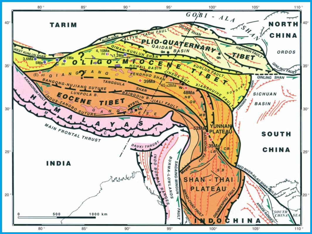 Схематическая карта основных тектонических границ и Тибетского плато